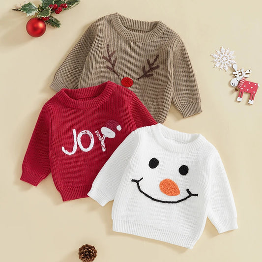 Baby Toddler Girls Boys Christmas Knit Sweater Long Sleeve O Neck Reindeer/Snowman/Joy Santa Hat Embroidery Pullover Knitwear Top