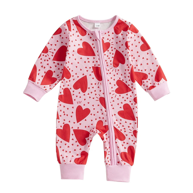 Baby Girl Valentine's Day Romper Heart Tractor Print Zipper Front Long Sleeve Full Length Valentines Jumpsuit