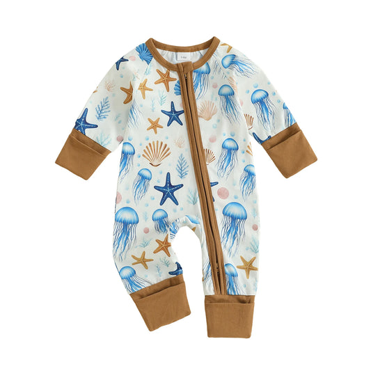 Baby Boy Fall Zipper Romper Starfish Jelly Fish Print Long Sleeve Round Neck Full Length Zip Jumpsuit