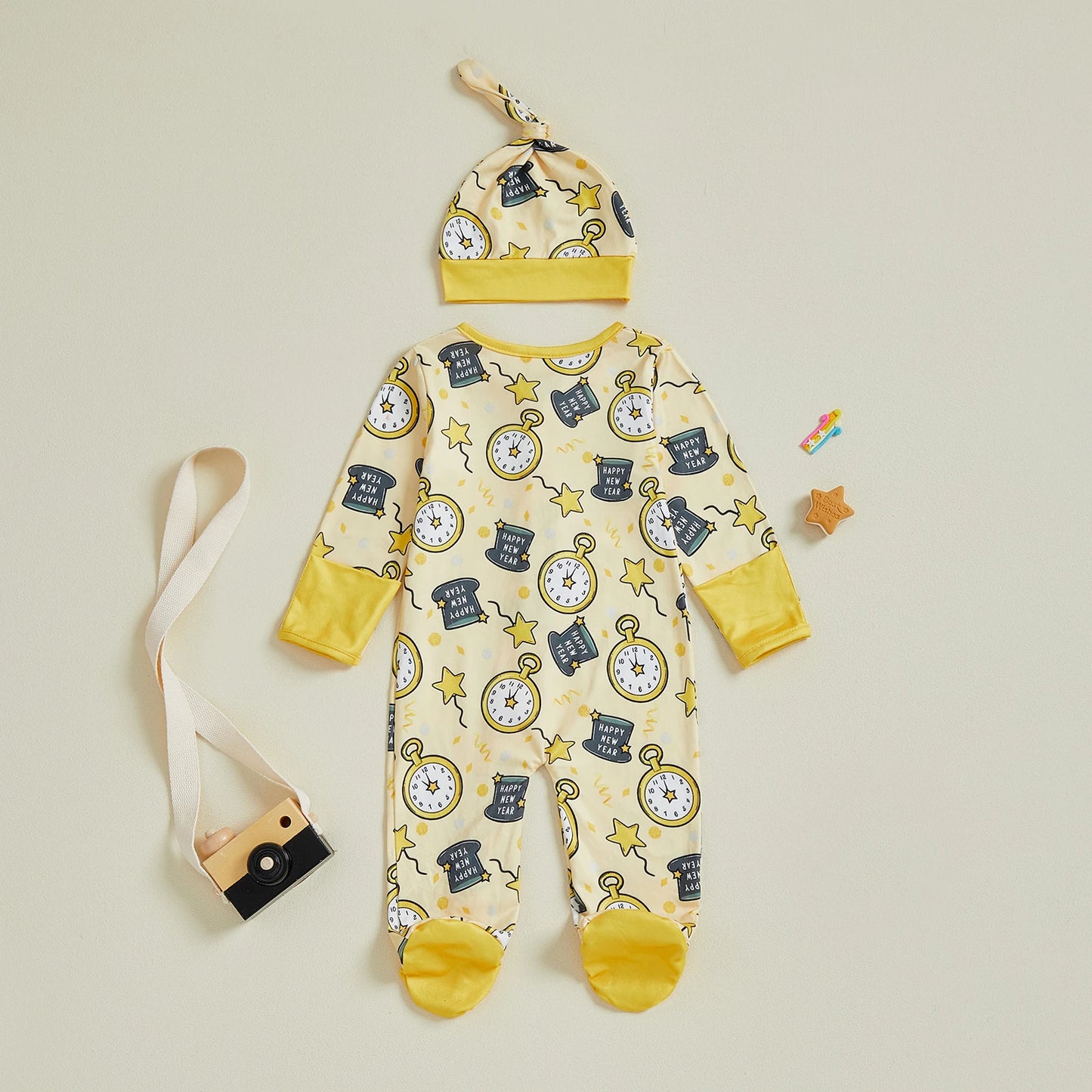 Baby Boy Girl 2Pcs Happy New Year Outfits Cute Long Sleeve Round Neck Hat Clock Print Footed Jumpsuit and Hat Set