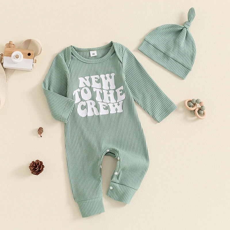 Baby Girl Boy 2Pcs New To The Crew Fall Romper Letter Ribbed Long Sleeve Full Length Jumpsuit Hat Clothes Outfit Set