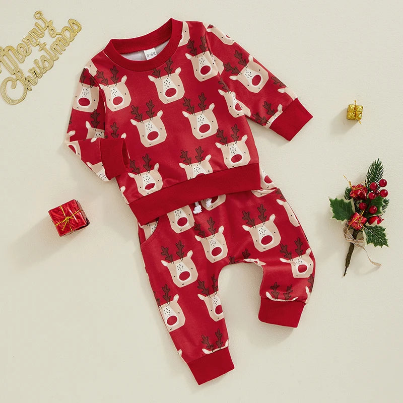 Baby Toddler Boys Girls Christmas Set Cartoon Reindeer Print Long Sleeve Crewneck Top with Elastic Waist Pants Outfit