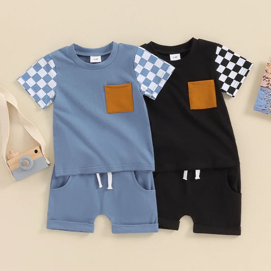 Baby Toddler Boys 2Pcs Summer Clothing Sets Short Sleeve Checkerboard Print Top and Drawstring Shorts Outfit