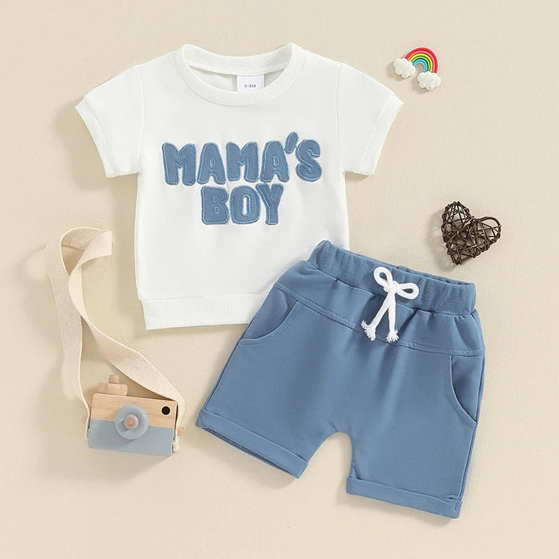 Toddler Baby Boy 2Pcs Mama's Boy Letter Embroidery Short Sleeve Top Solid Shorts Outfit Set