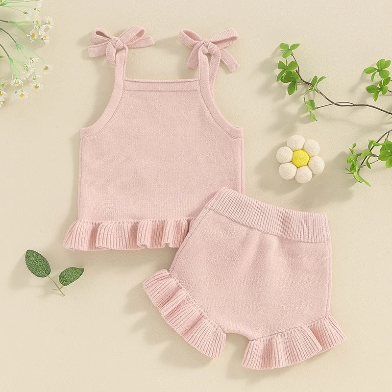 Baby Girl 2Pcs Outfits Knit Solid Color Sleeveless Cami Tank Top Tie with Elastic Waist Shorts Outfit Set