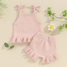 Load image into Gallery viewer, Baby Girl 2Pcs Outfits Knit Solid Color Sleeveless Cami Tank Top Tie with Elastic Waist Shorts Outfit Set
