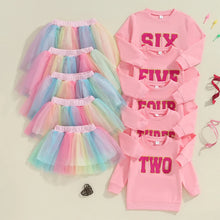 Load image into Gallery viewer, Toddler Kids Girls Birthday Outfit Letter Number TWO THREE FOUR FIVE SIX Embroidery Long Sleeve Top and Rainbow Tulle TuTu Skirt Set
