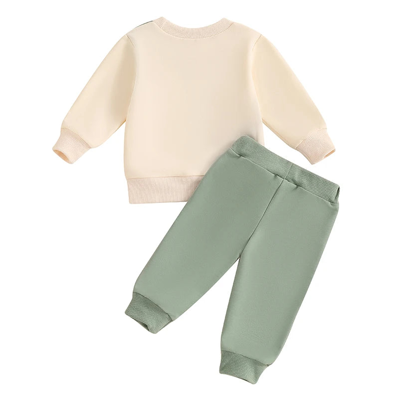 Baby Toddler Boys 2Pcs Fall Outfit Long Sleeve Contrast Color Crewneck Top + Solid Pants Set