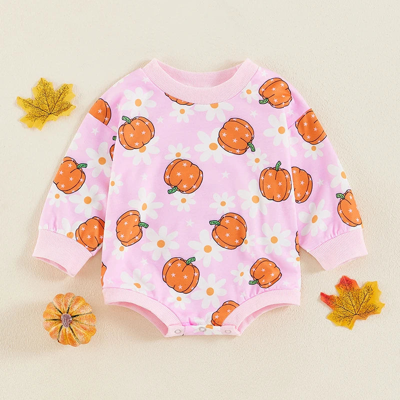 Baby Girls Halloween Romper Long Sleeve O Neck Pumpkin Flower Print Bubble Romper