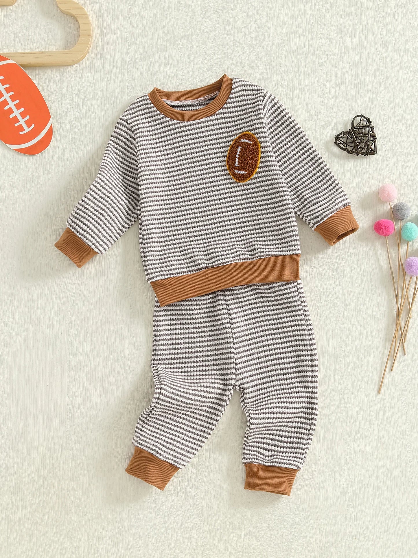 Baby Toddler Boys 2Pcs Autumn Long Sleeve O Neck Football Embroidery Top Striped Pants Jogger Set
