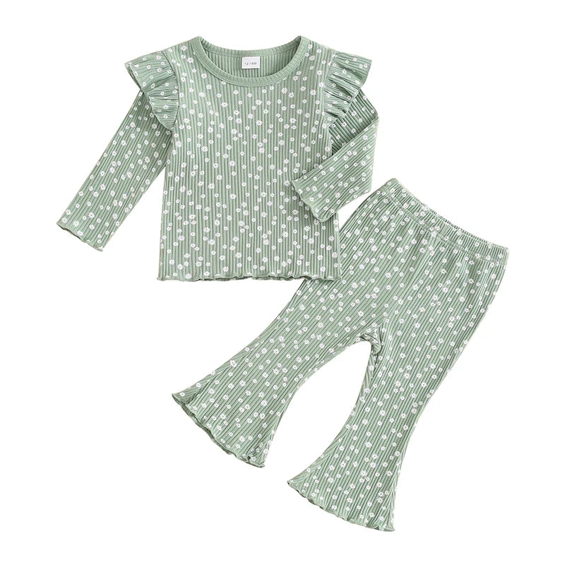 Toddler Kids Girls 2Pcs Fall Outfit Ruffle Flower Print Long Sleeve Top + Flare Pants Set