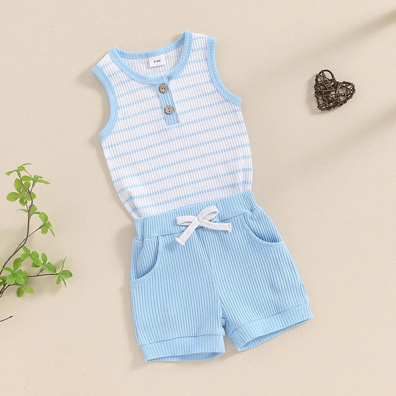 Baby Toddler Boys 2Pcs Outfit Striped Print Sleeveless Tank Top and Elastic Shorts Set Summer Clothes