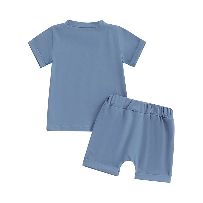 Baby Toddler Boys 2Pcs Summer Outfits Solid Color Rolled Hem Short Sleeve Top Elastic Waist Shorts Clothes Set