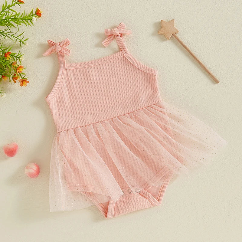 Baby Girls Romper Mesh TuTu Dress Skirt Summer Tie Tank Strap Sleeveless Square Neck Jumpsuit