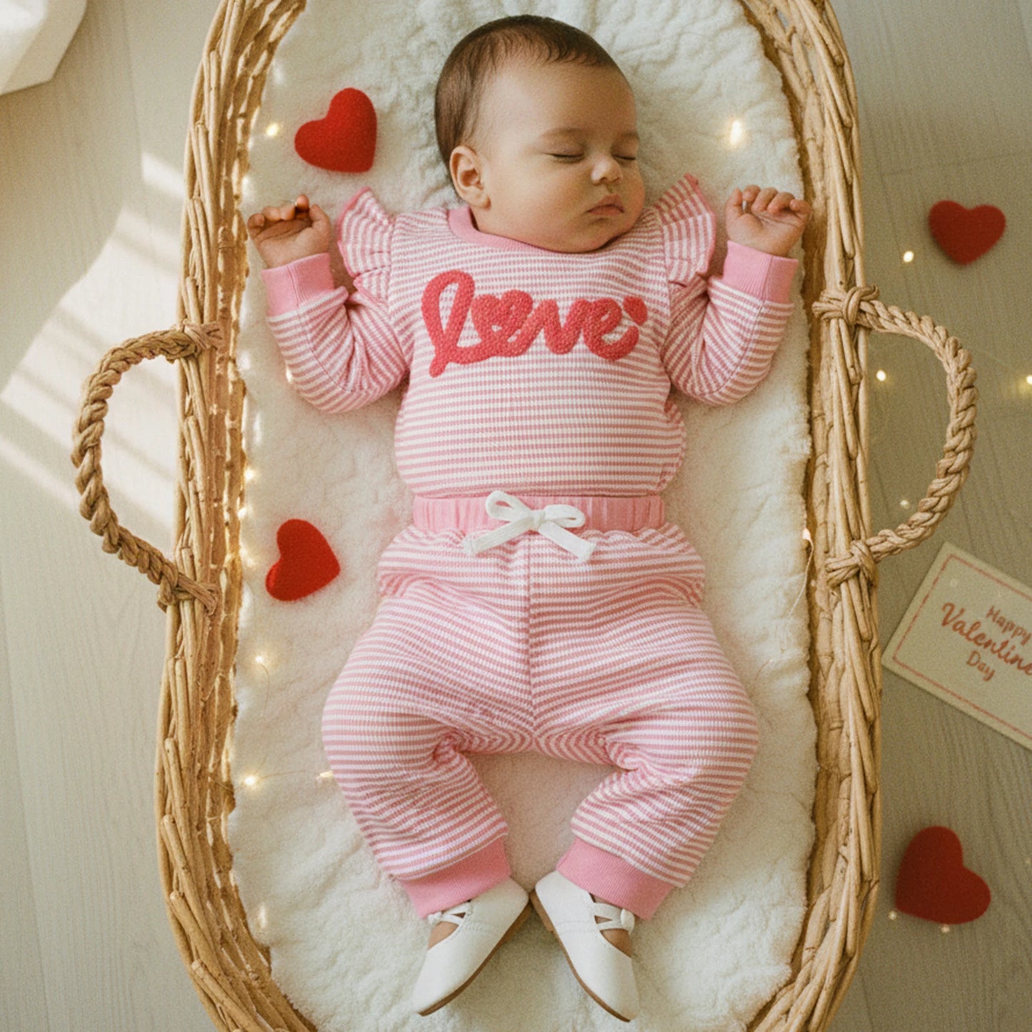 Baby Girls 2Pcs Valentine's Day Clothes Sets Letters Embroidery Love Stripe Long Sleeve Romper with Pants 2Pcs Set