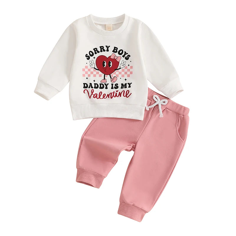 Baby Toddler Girls 2Pcs Sorry Boys Daddy Is My Valentine Valentine's Day Outfit Letter Heart Print Long Sleeve Top with Solid Color Long Pants Jogger Set Valentines