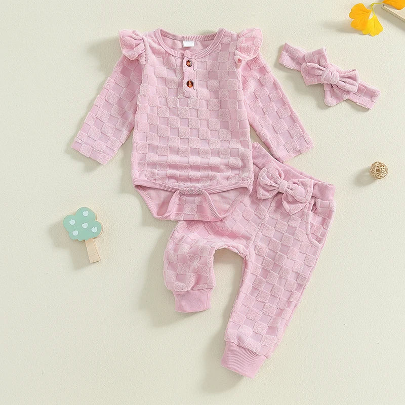 Baby Girls 3Pcs Set Checkered Button Long Sleeve Round Neck Ruffled Romper Long Pants Hair Band Outfit