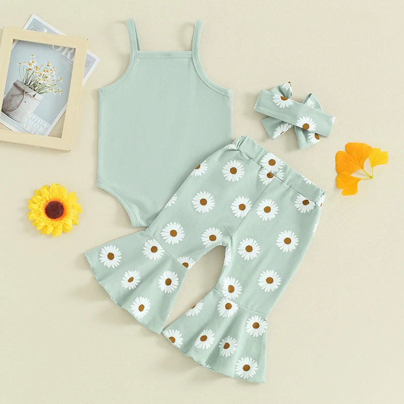 Baby Girls 3Pcs Summer Outfit, Sleeveless Tank Top Romper with Daisy Flower Print Flare Long Pants and Headband