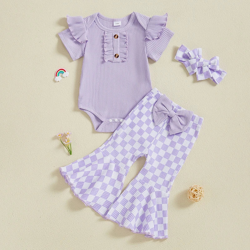 Baby Girls 3Pcs Summer Spring Clothes Solid Ribbed Short Sleeve Romper with Checkered Print Flare Long Pants and Headband Set