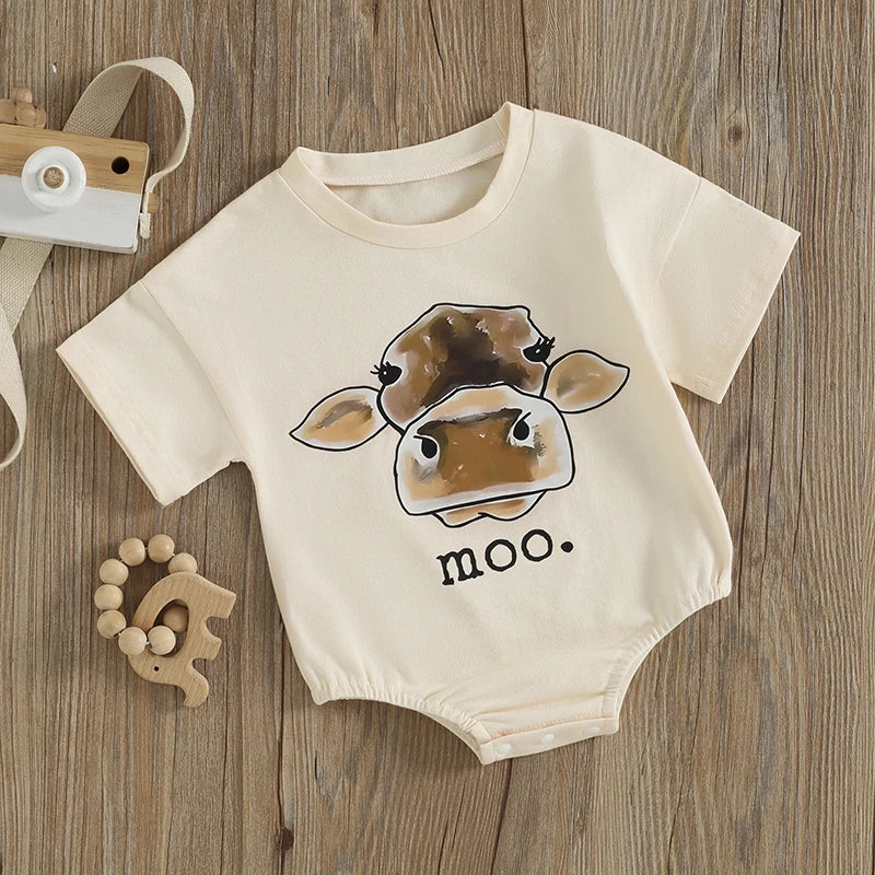 Baby Boys Girls moo Romper Short Sleeve Crew Neck Cow Head Print Bodysuit