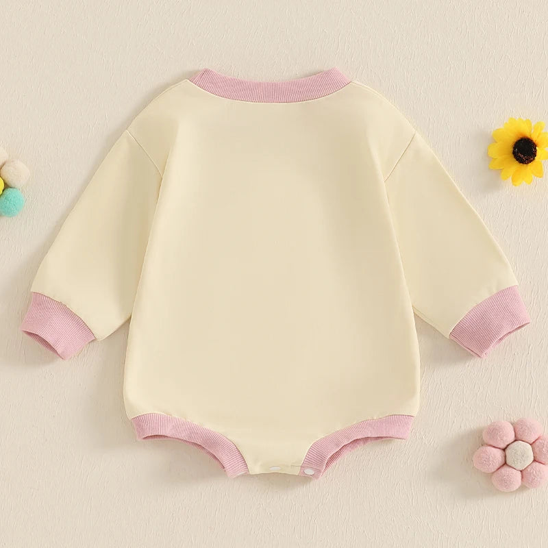 Baby Girls Bubble Romper Long Sleeve Crew Neck Embroidery Flower Jumpsuit Spring