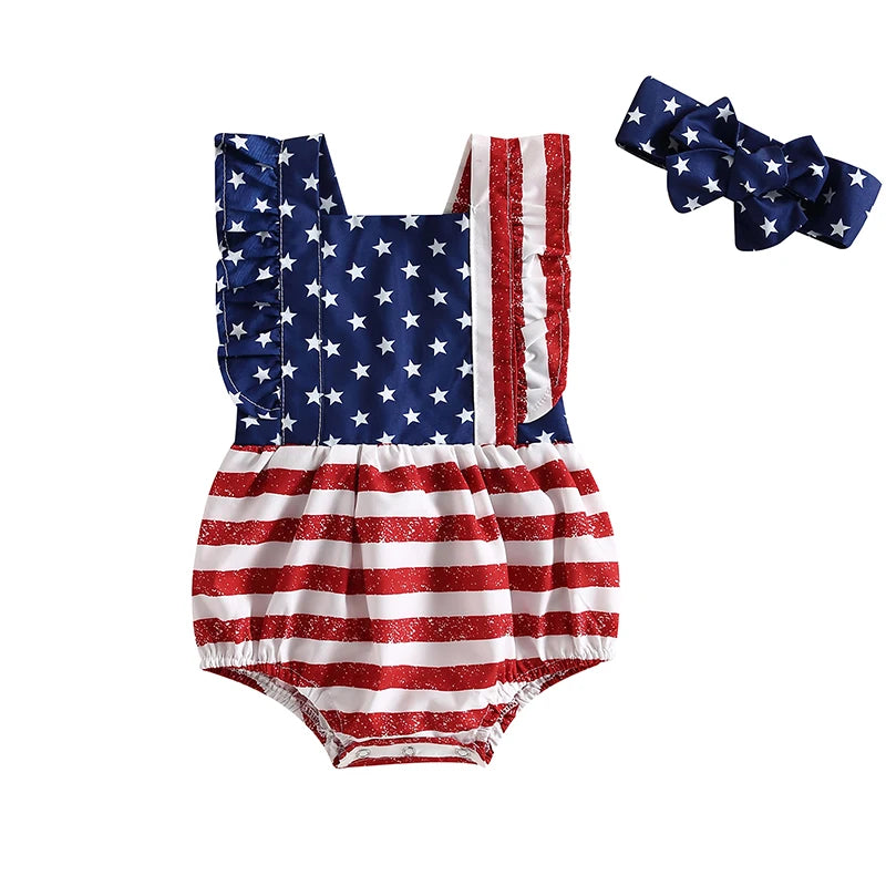 Baby Girl 2Pcs 4th of July Outfit Sleeveless Backless Ruffle Romper USA Flag with Headband Set