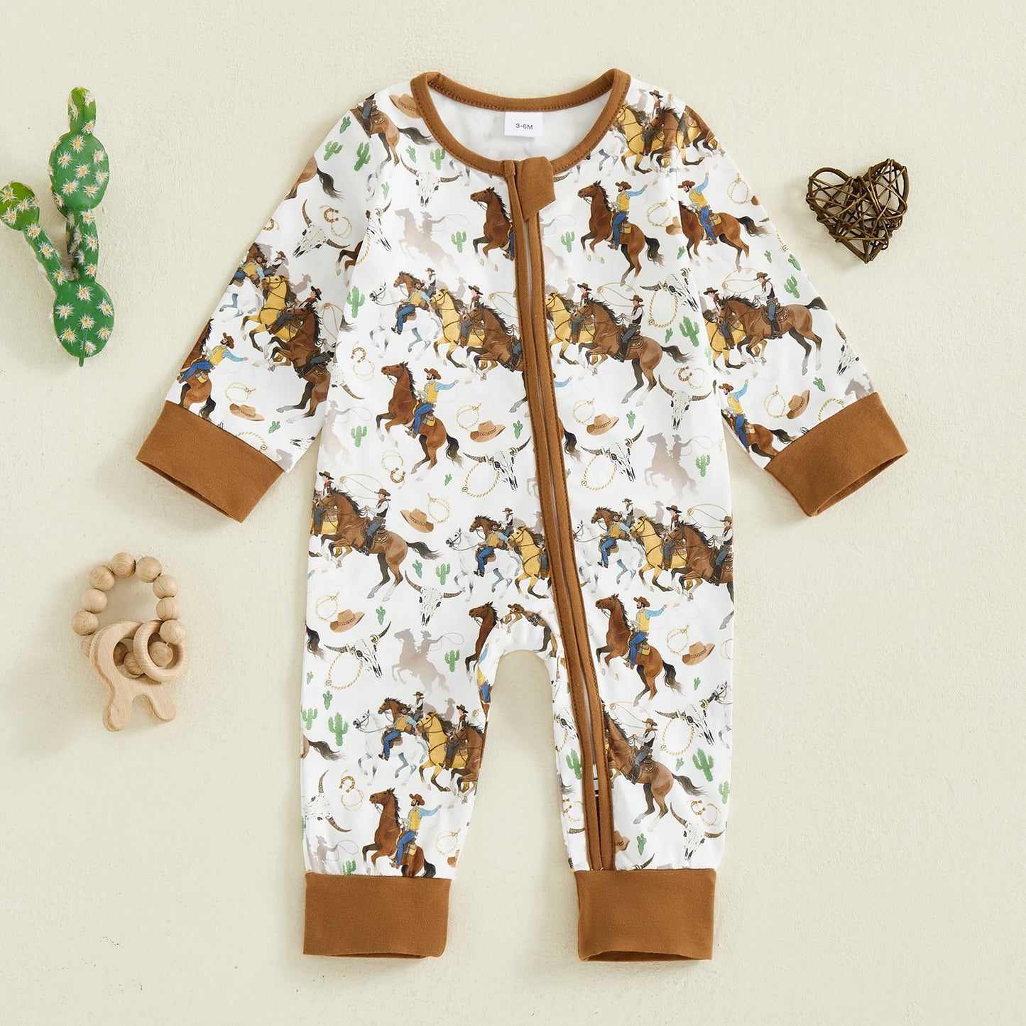 Baby Boy Western Zipper Romper Cactus Horse Print Long Sleeve Zip-up Jumpsuit Casual Infant Clothes