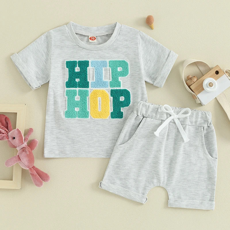 Baby Toddler Boy Girl 2Pcs Easter Set HIP HOP Letter Embroidery Short Sleeve T-Shirt with Solid Color Short Outfit