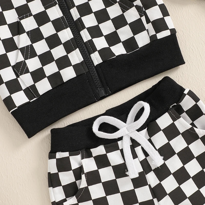 Baby Toddler Boy 2Pcs Checkered Outfit Long Sleeve Zip Up Hoodie Elastic Waist Pants with Pockets Jogger Set