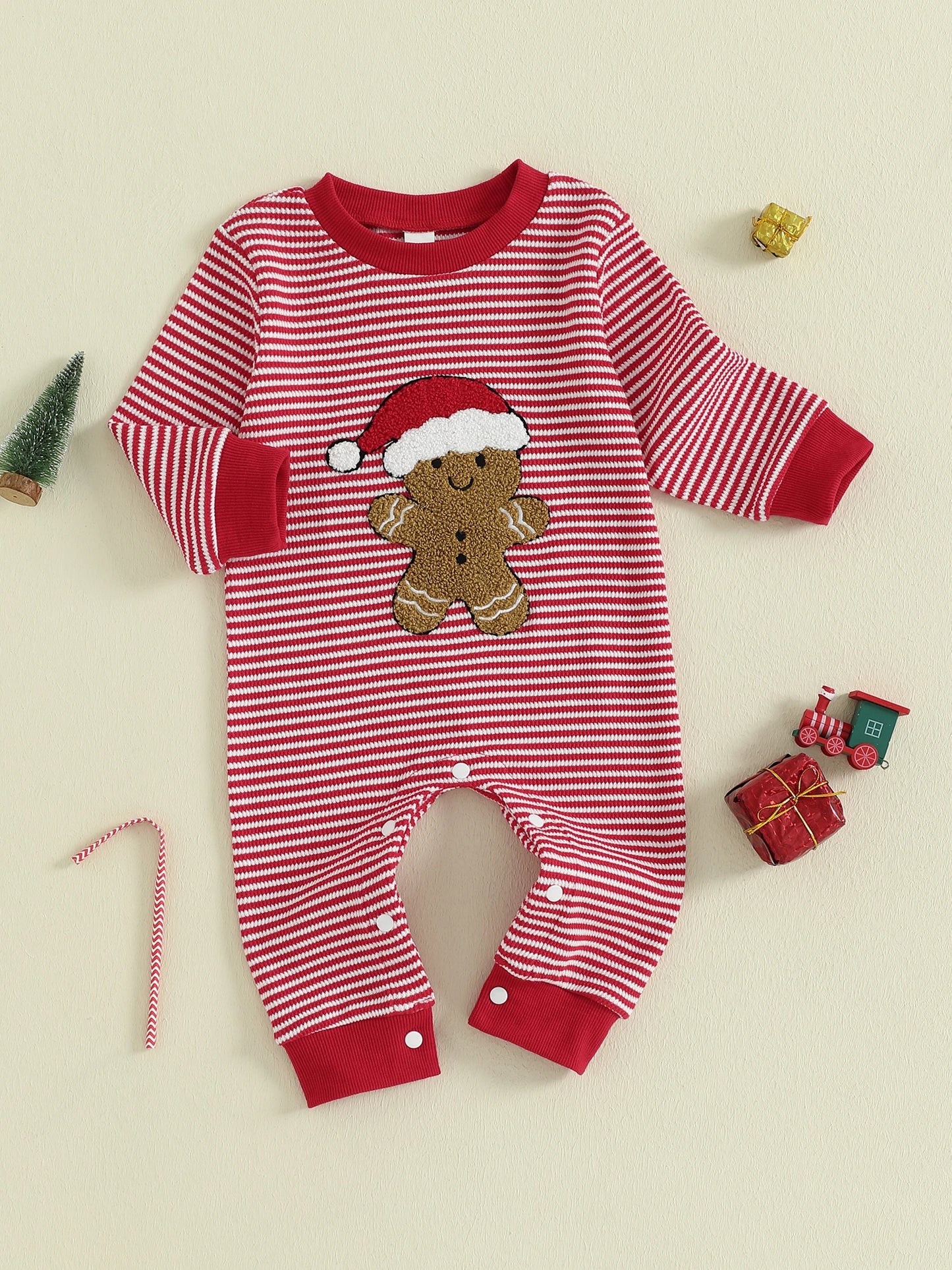 Baby Boys Christmas Romper Stripe Print Gingerbread Man Embroidery Long Sleeve Round Neck Jumpsuit