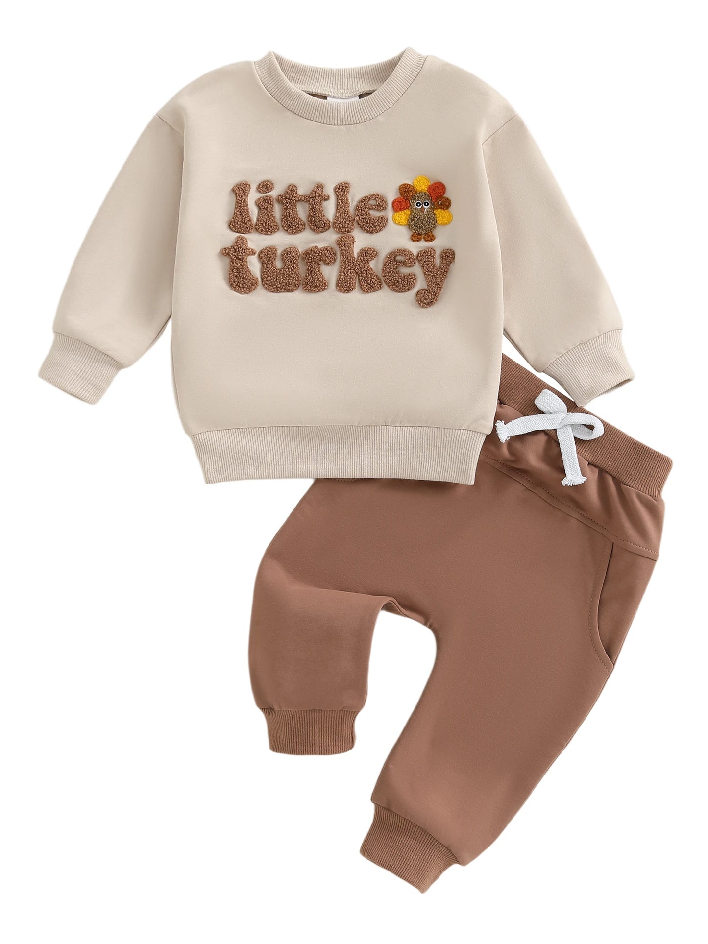 Baby Toddler Boy 2Pcs Little Turkey Thanksgiving Outfit Letter Turkey Embroidery Long Sleeve O-Neck Pullover + Elastic Waist Solid Pants Jogger Set