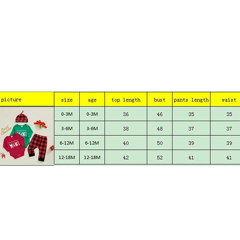 Baby Boys Girls 3Pcs Merry Mini Christmas Set Letter Print Long Sleeve Romper Plaid Print Long Pants Hat Outfit