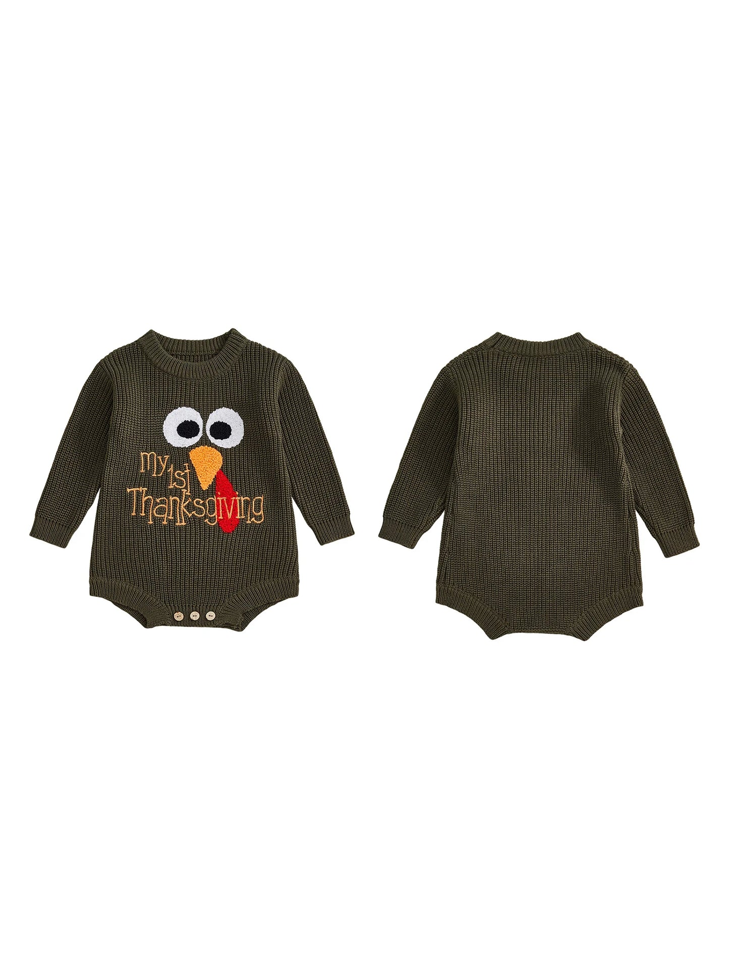 Baby Boys Girls My First Thanksgiving Romper Turkey Embroidery Long Sleeve Crew Neck Knit Bodysuit Romper