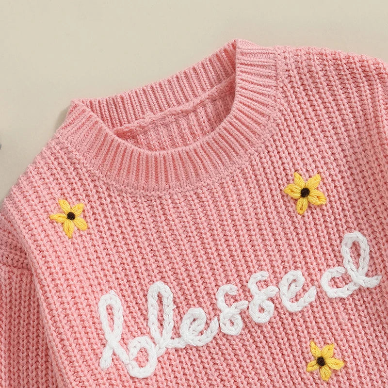 Baby Toddler Girls Blessed Crewneck Knitwear Sweater Flowers Embroidery Long Sleeve Top