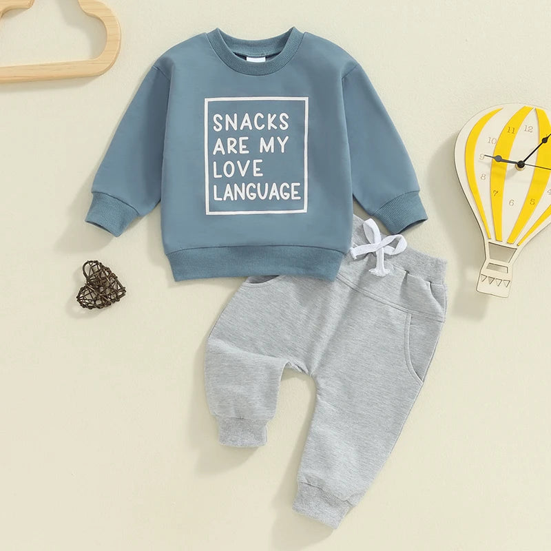 Baby Toddler Boys Girls 2Pcs Snacks Are My Love Language Long Sleeve Crew Neck Letters Print Top with Elastic Waist Pants Set