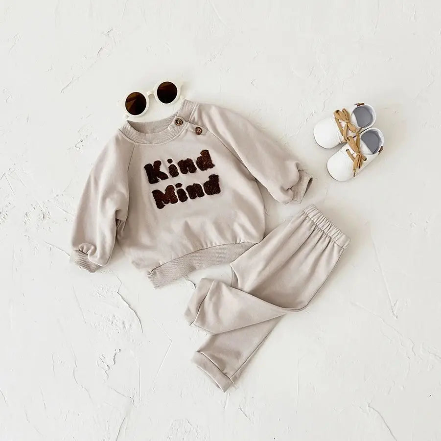 Baby Toddler Boys Girls 2Pcs Kind Mind Autumn Jogger Set Letter Embroidery Casual Long Sleeve Top + Pants Outfit