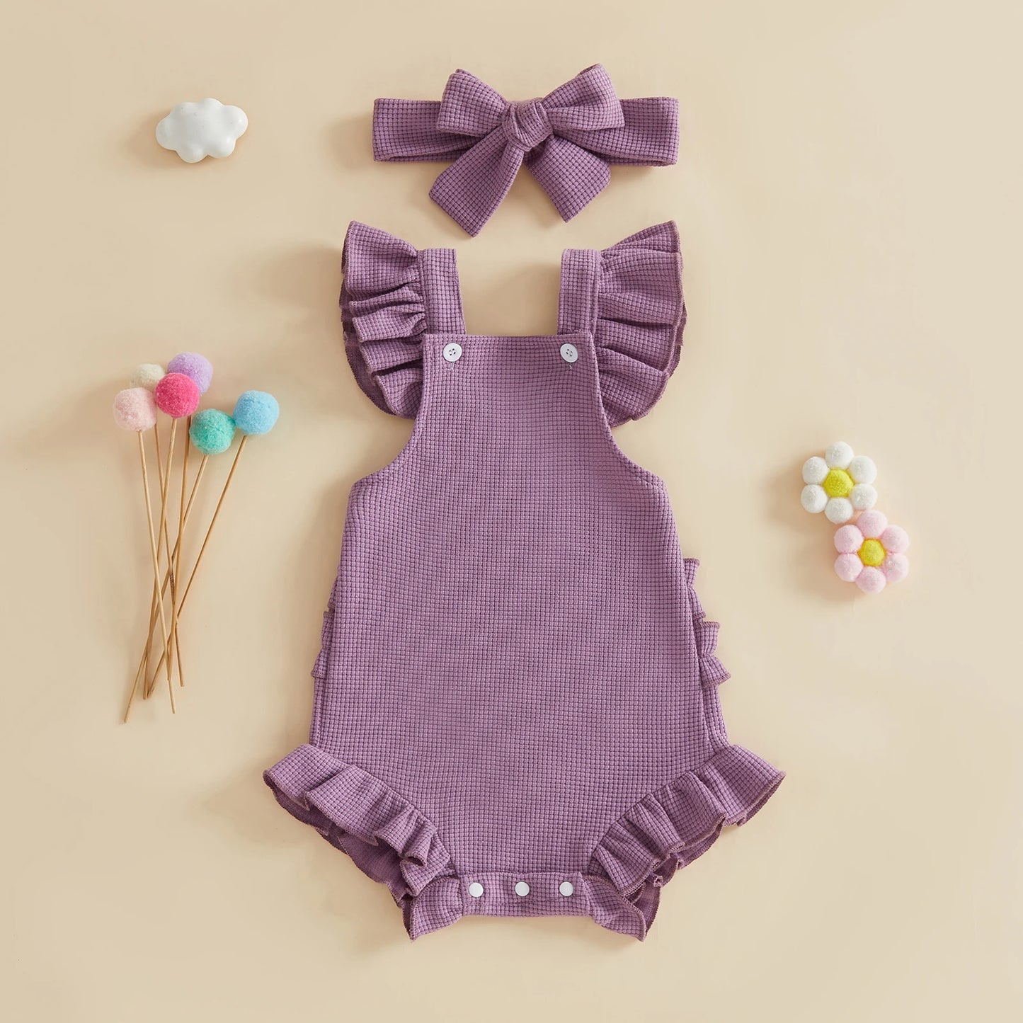 Baby Girl 2Pcs Spring Summer Outfits Ruffle Sleeveless Solid Color Romper with Headband Set