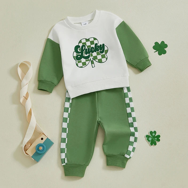 Baby Toddler Boys 2Pcs Lucky St. Patrick's Day Outfit Letter Checkered Long Sleeve Crewneck Top and Pants Jogger Set