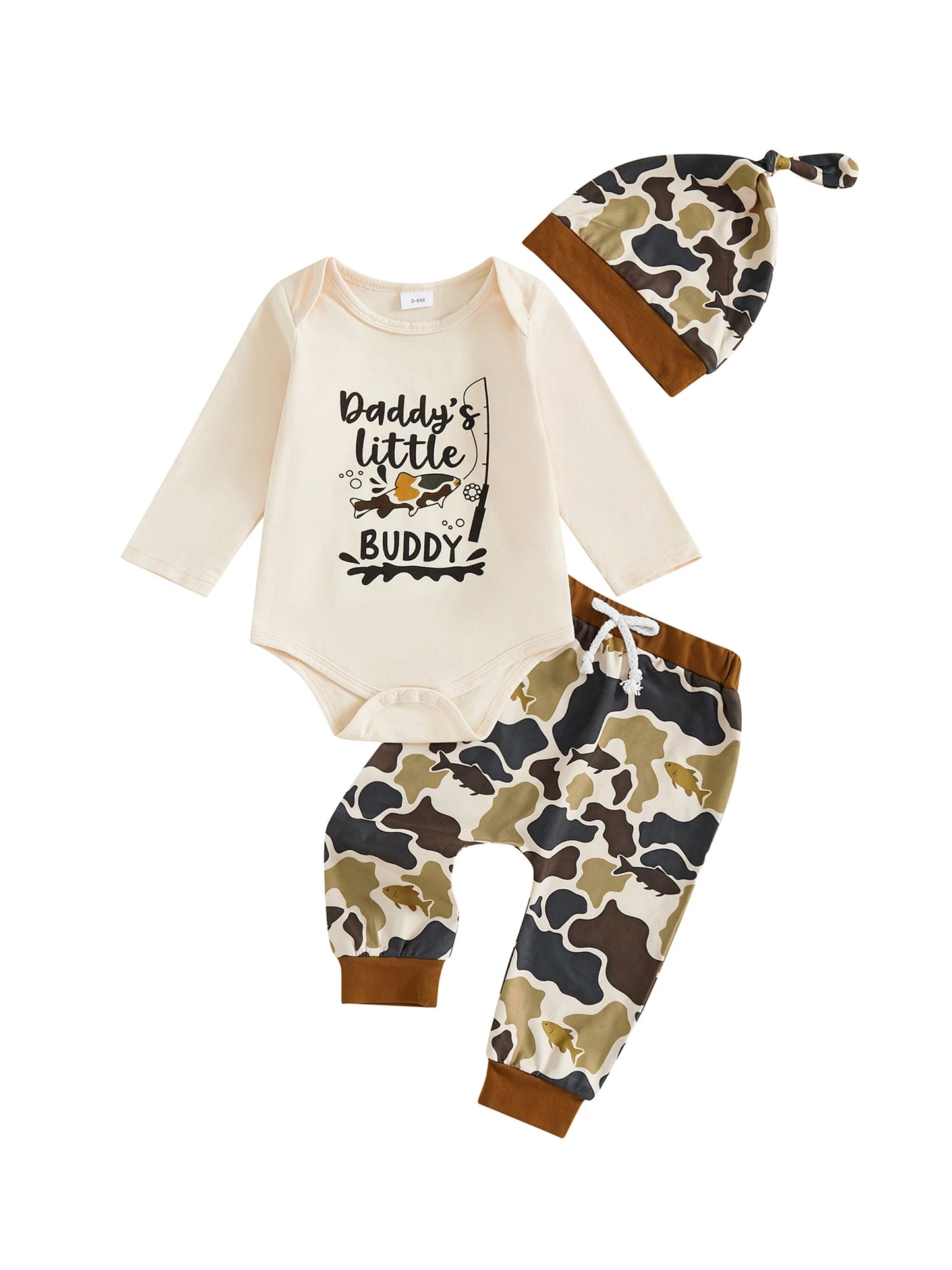Baby Boy 3Pcs Fall Clothes Letter Fish Daddy's Little Buddy Print Long Sleeve Romper Camouflage Pants and Hat 3Pcs Outfit