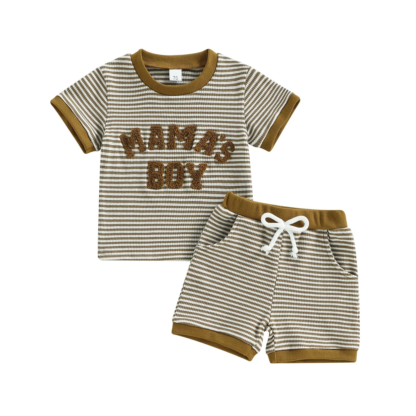 Baby Toddler Boys 2Pcs Mama's Boy Outfit Summer Short Sleeve Round Neck Letter Embroidery Striped Top and Shorts Set