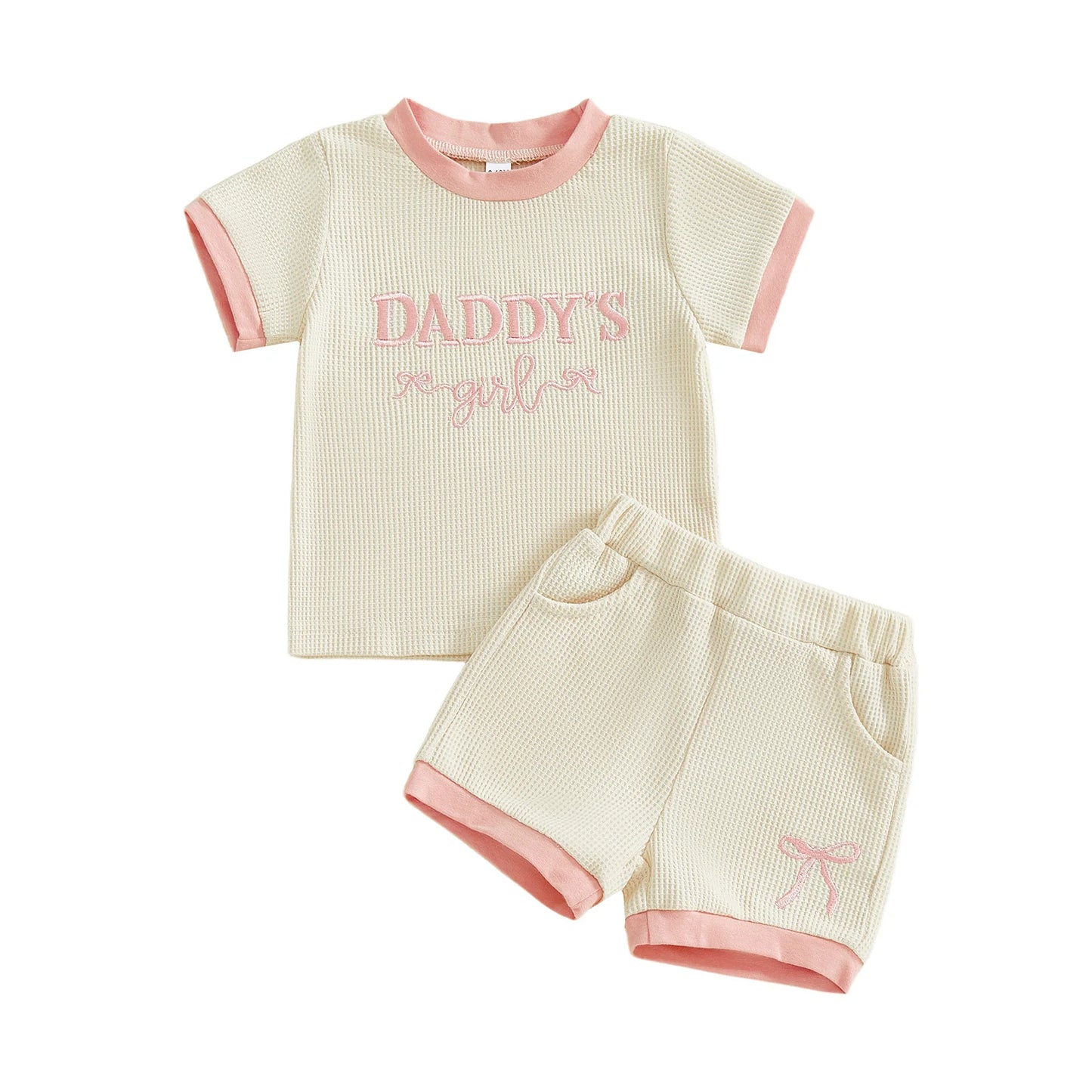 Baby Toddler Girls 2Pcs Daddy's Girl Clothing Set Cute Short Sleeve Letters Embroidery Top with Bow Shorts 2Pcs Outfit