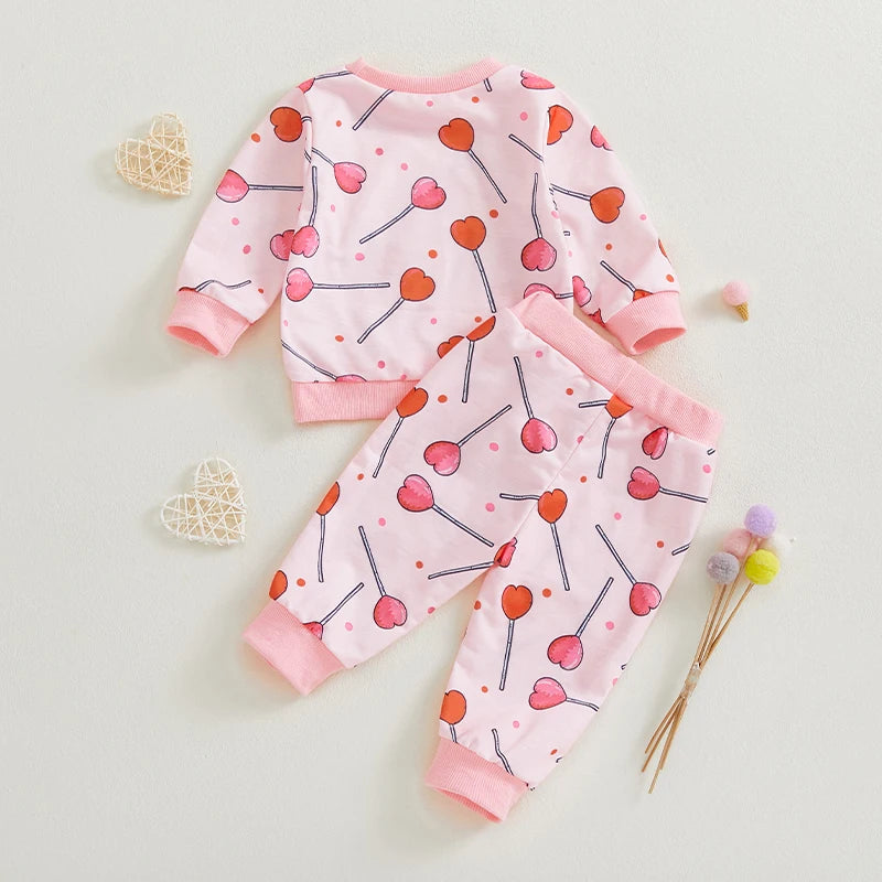 Baby Toddler Girls 2Pcs Valentine's Day Outfit Heart Candy Print Long Sleeve Top with Long Pants Valentines Jogger Set