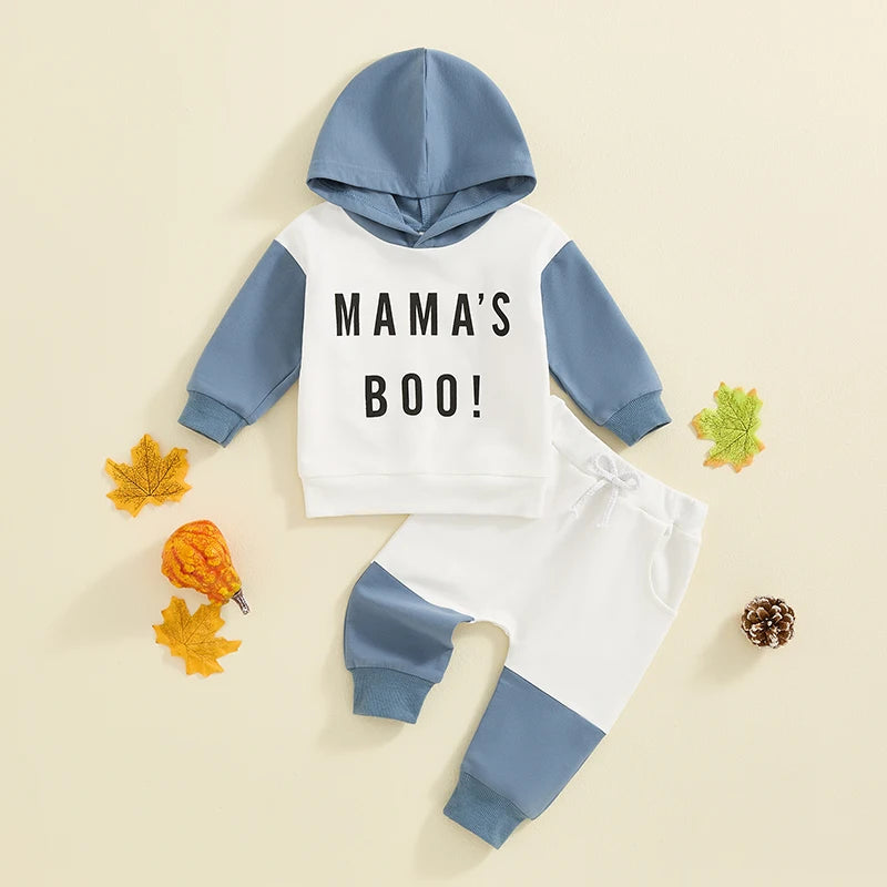 Baby Toddler Boys 2Pcs Mama's Boy Fall Outfit Letter Print Contrast Color Hooded Long Sleeve Top and Long Pants Set