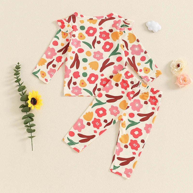 Baby Toddler Girls 2Pcs Flower Print Long Sleeve Top with Matching Pants Set Outfit