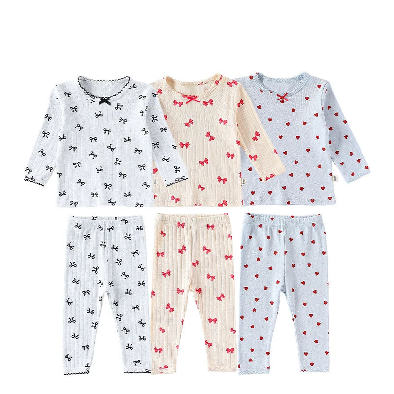 Baby Toddler Girls 2Pcs 100% Cotton Clothes Set Long Sleeve Top Pants Suit Bow/Heart Print Pajamas Set Homewear Outfit