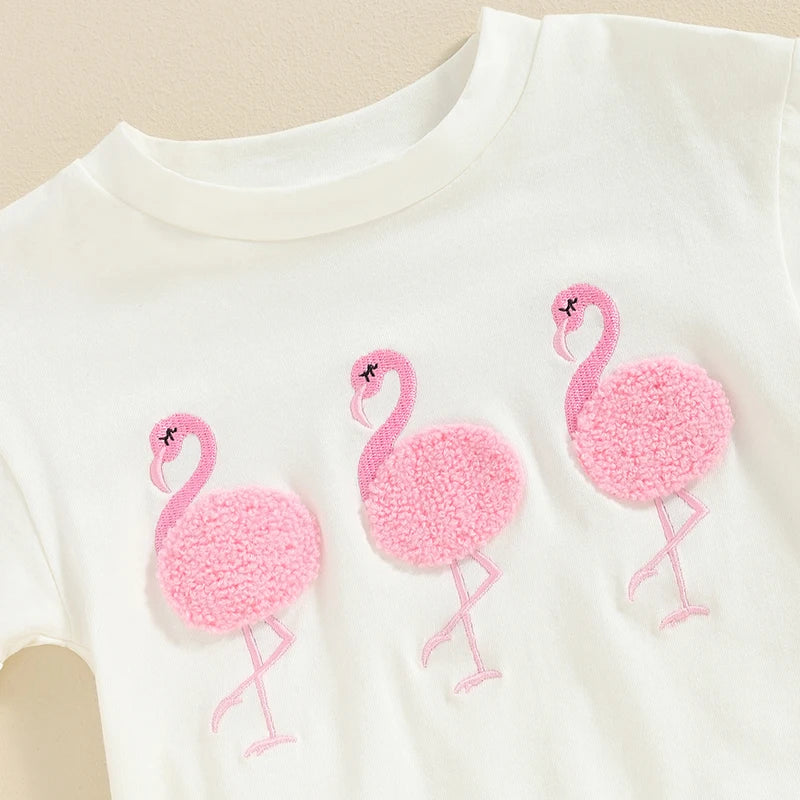 Baby Girl Short Sleeve Flamingo Embroidery Romper Jumpsuit