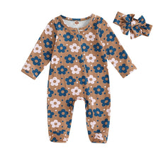 Load image into Gallery viewer, Baby Girl 2Pcs Fall Romper Outfits Long Sleeve Floral Print Zip Up Jumpsuit Headband Boy Set

