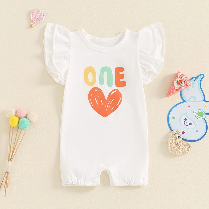 Baby Girls ONE Jumpsuit Fly Sleeve Crew Neck Letters Heart Print Birthday Romper