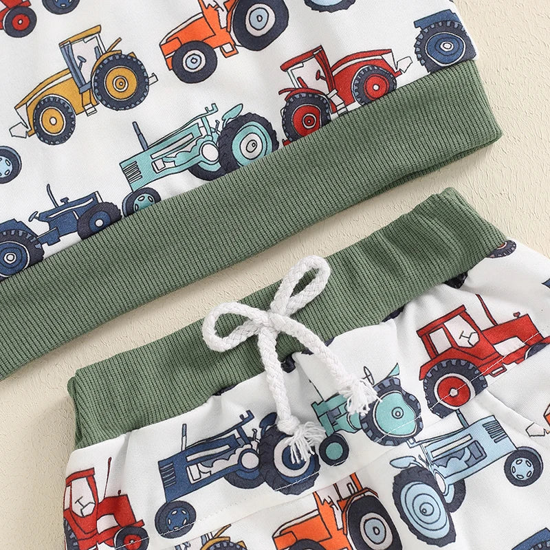 Baby Toddler Boys 2Pcs Farm Outfit Long Sleeve Tractor Print Pocket Top + Pants Set