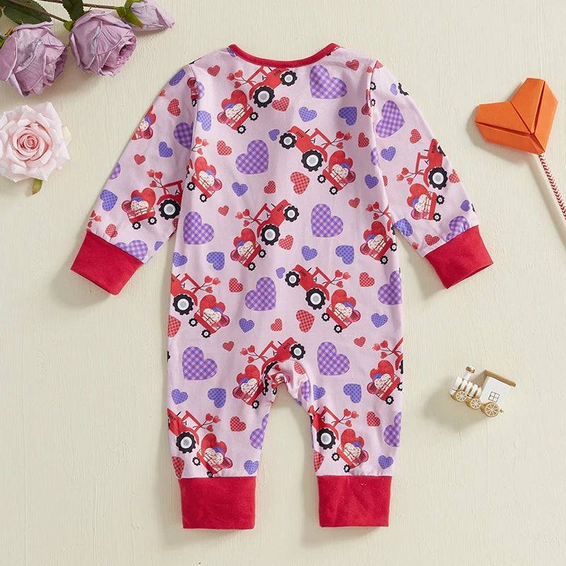 Baby Girl Valentine's Day Romper Heart Tractor Print Zipper Front Long Sleeve Full Length Valentines Jumpsuit